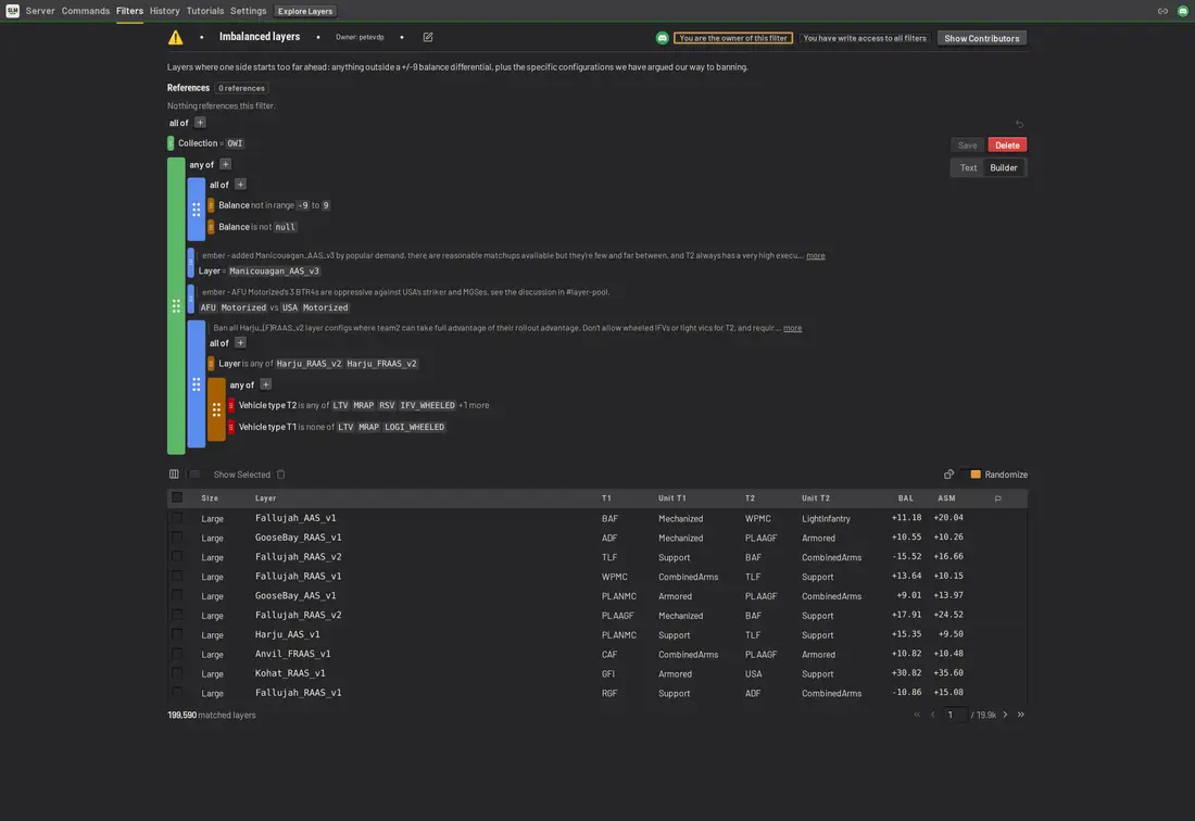 SLM layer filter builder showing a nested layer rule with more advanced conditionals and inline comments