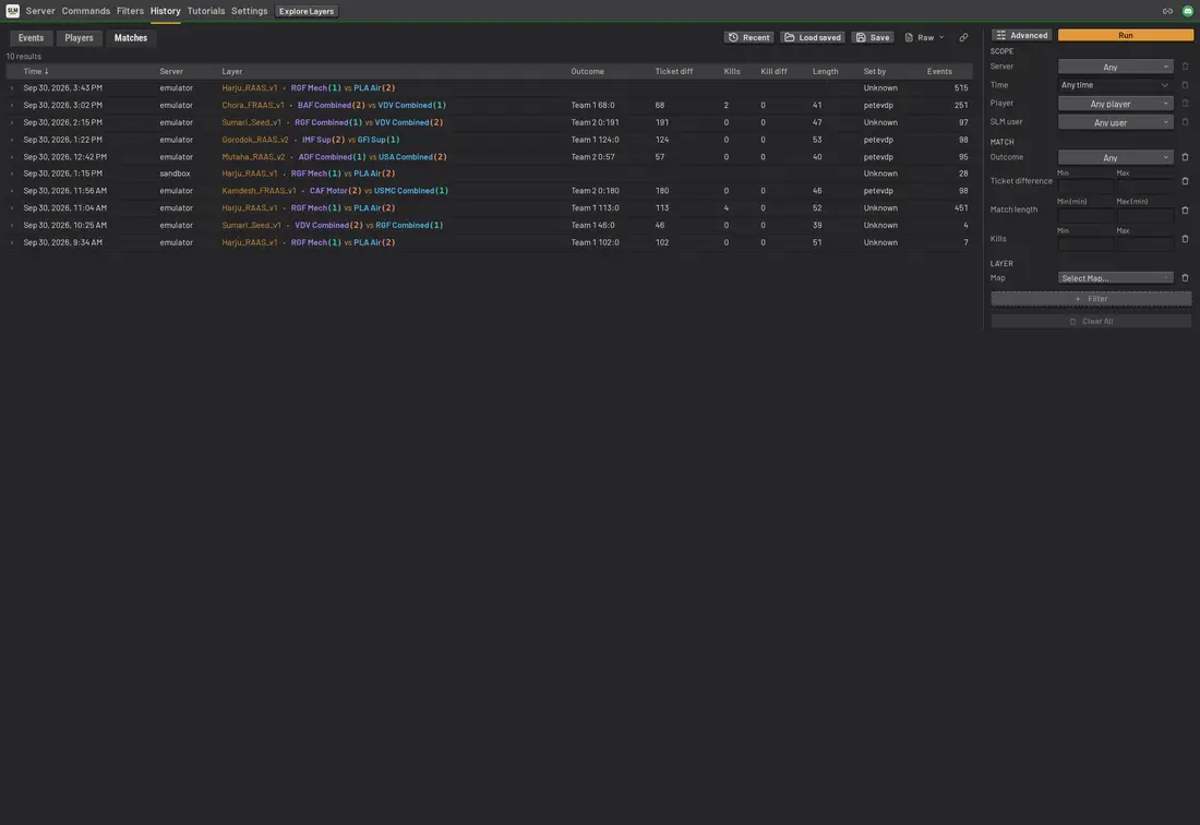 SLM history in matches mode, listing every match with outcome, tickets, kills and who set the layer