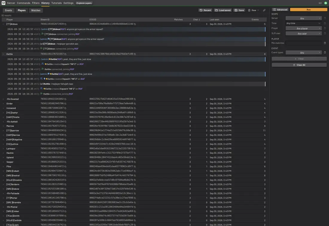 SLM history in players mode, listing every player with their match and chat counts, two rows expanded to their events