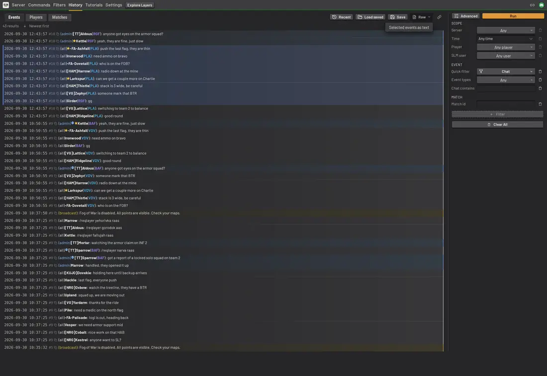 SLM history page with a run of chat messages selected by dragging, and the option to export the selection as text