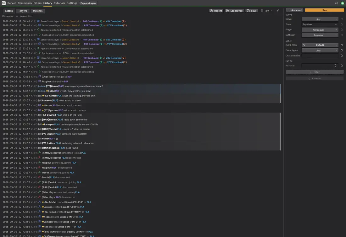 SLM history page querying every event the server has recorded, with filters by player, match and event type