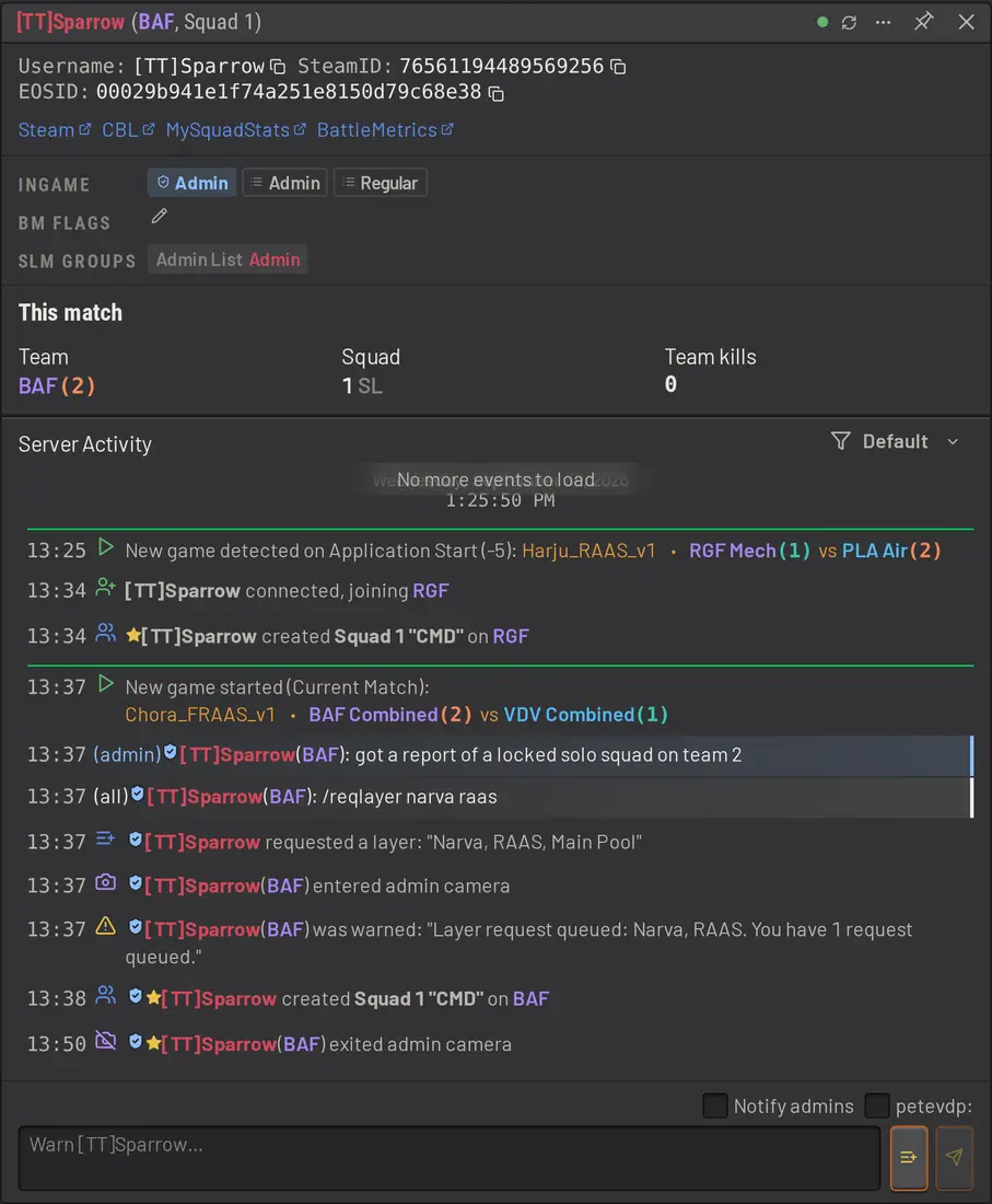 SLM player details with their server activity and moderation actions
