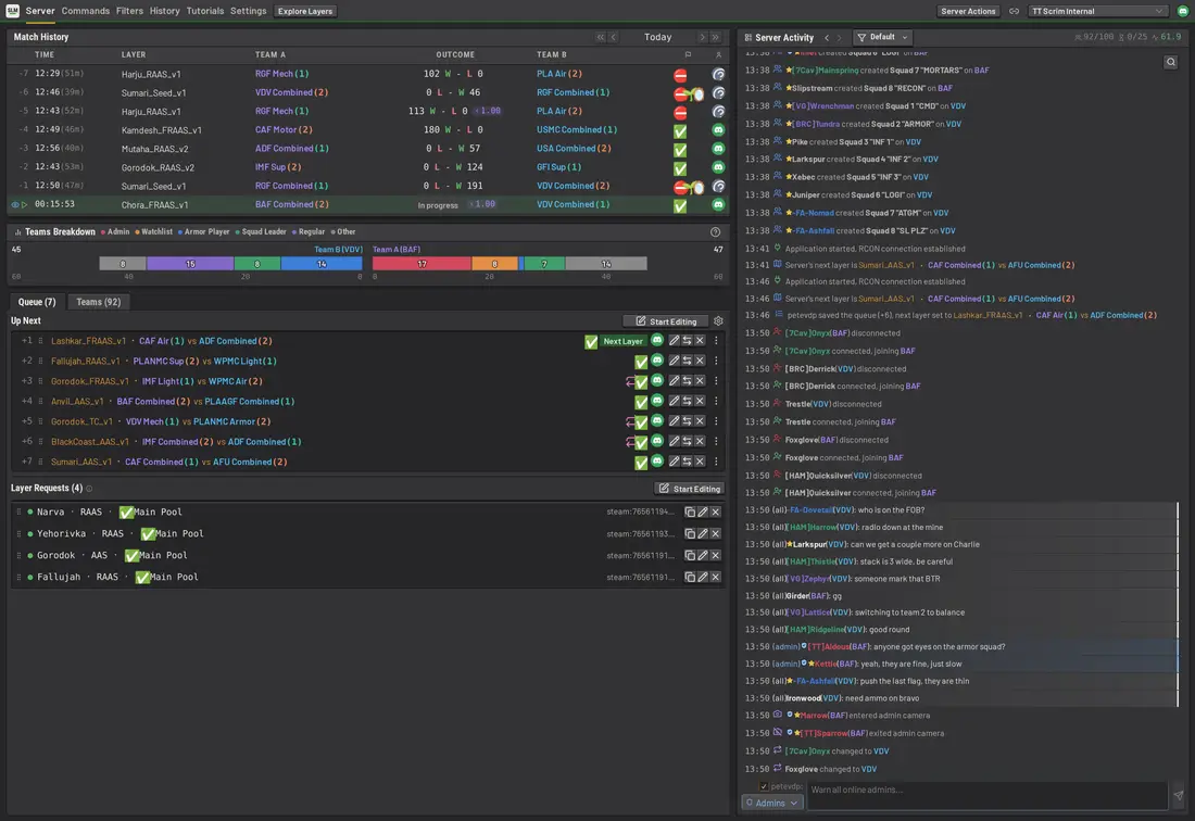 Squad Layer Manager match history above the layer queue