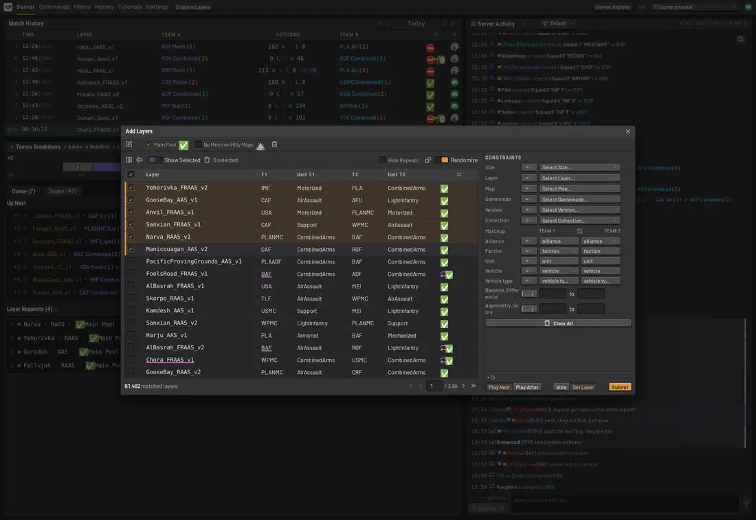 Squad Layer Manager layer picker with per-layer balance data