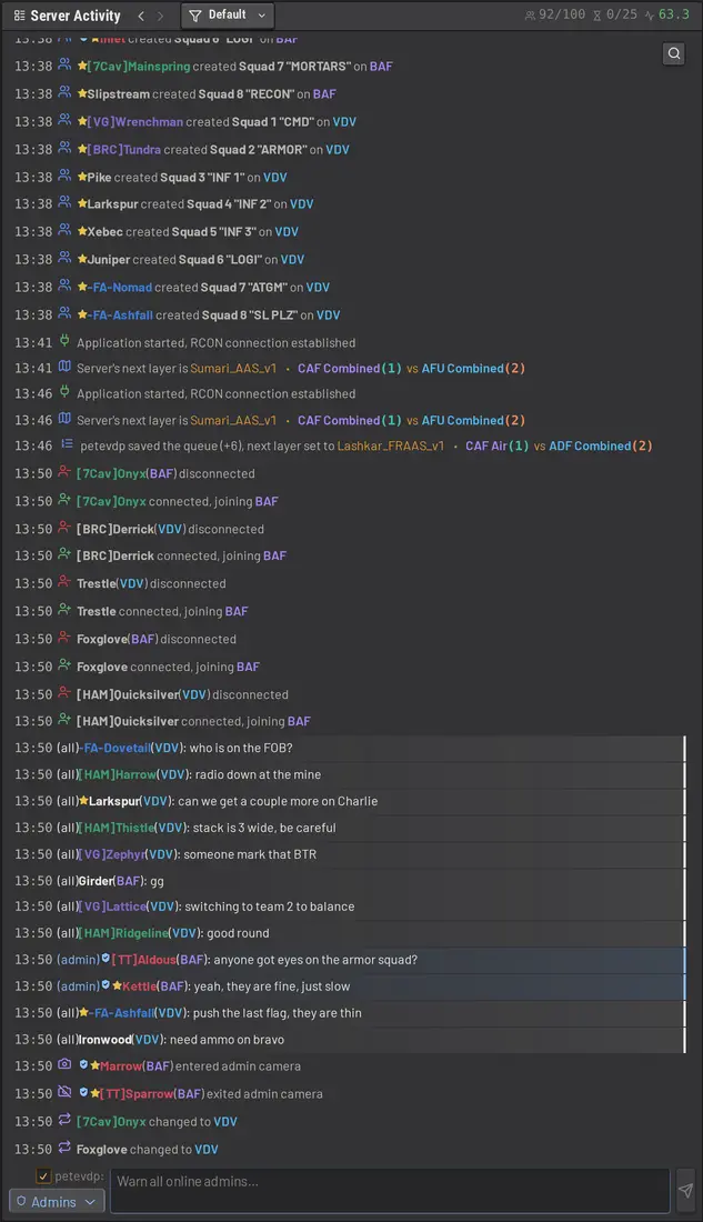 SLM live server activity feed with in-game and admin chat
